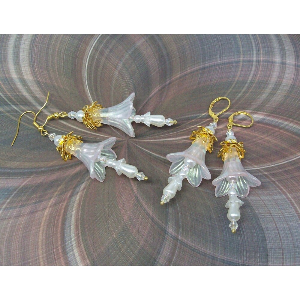 Boho Bridal Earrings Dangle. Opalescent White, Pearl, Hand Painted, Bridal Jewel